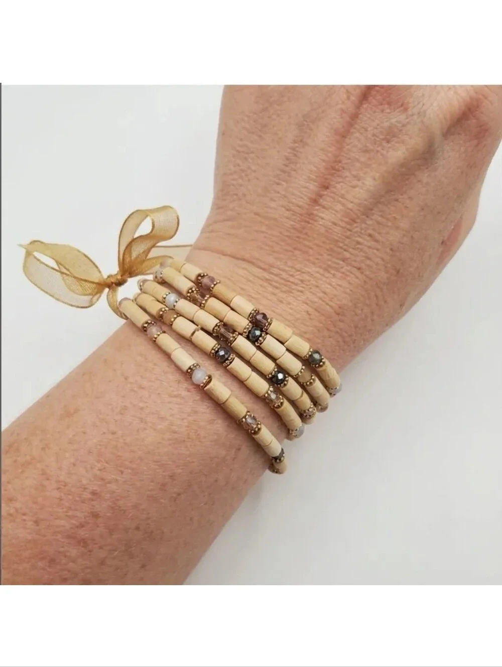 Bracelet Set 5-Pc Crystal Balsa Wood Glass Sparkle Boho Stretchy Aurora Borealis